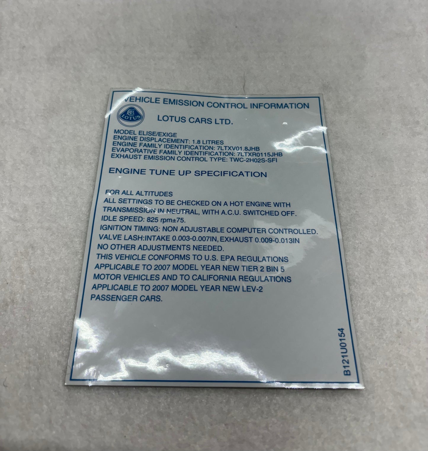 B121U0154F Emissions Label