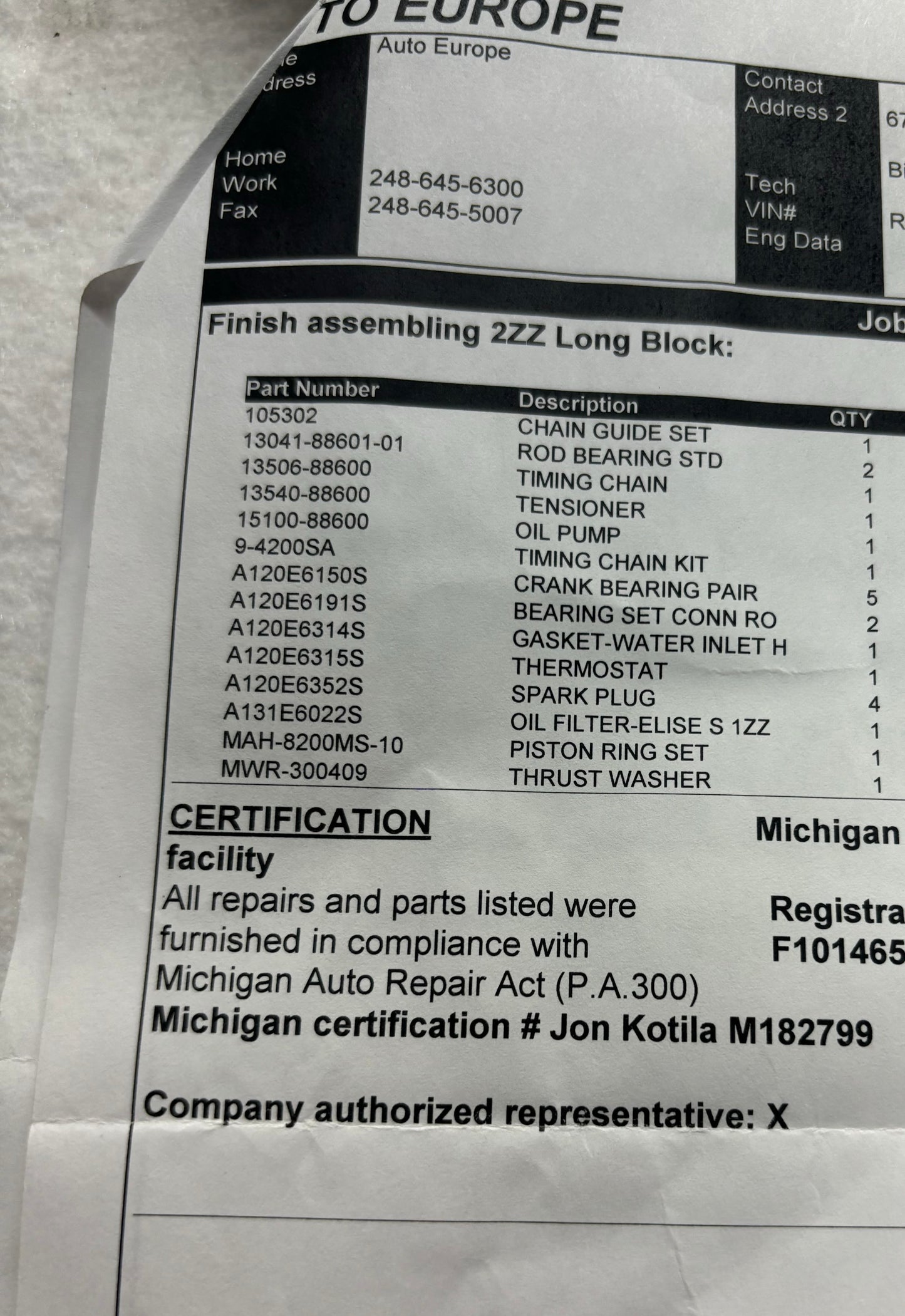 A120E6104S Rebuilt 2ZZ Engine With Brand New Short Block